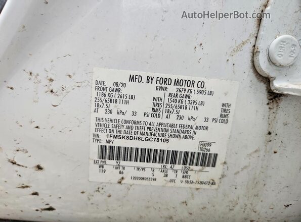 1FMSK8DH8LGC78105 2020 FORD EXPLORER White Engine compartment view