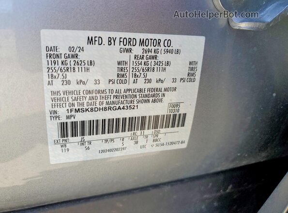 1FMSK8DH8RGA43521 2024 FORD EXPLORER Silver Widok wnętrza 360 stopni