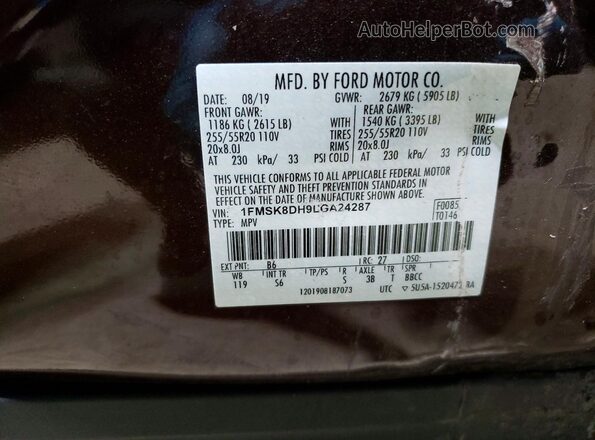 1FMSK8DH9LGA24287 2020 FORD EXPLORER Бордовый Вид наклейки с VIN-кодом