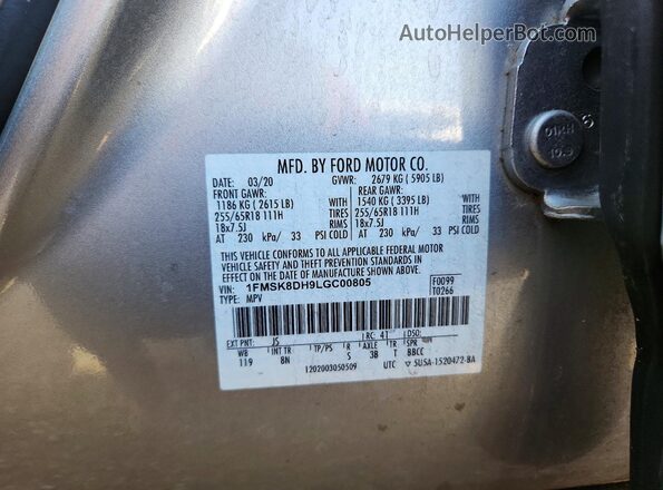 1FMSK8DH9LGC00805 2020 FORD EXPLORER Серебряный Вид наклейки с VIN-кодом