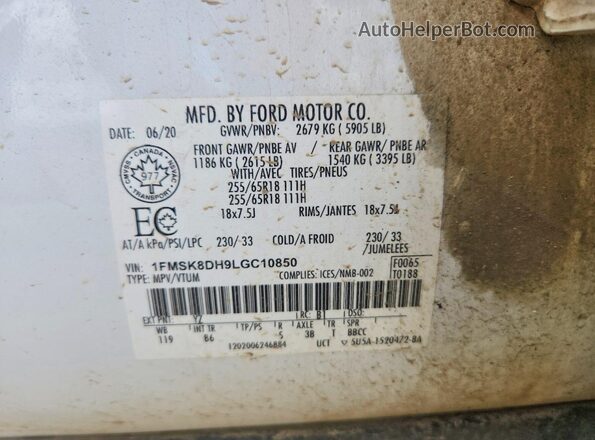 1FMSK8DH9LGC10850 2020 FORD EXPLORER Белый Вид наклейки с VIN-кодом