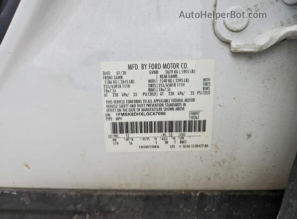 1FMSK8DHXLGC67090 2020 FORD EXPLORER White Вид наклейки з VIN-кодом