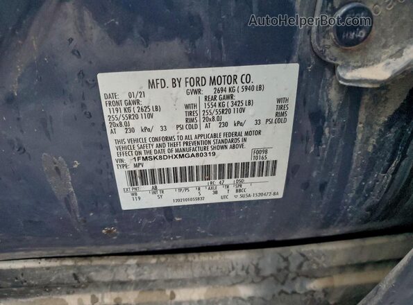 1FMSK8DHXMGA80319 2021 FORD EXPLORER Blue VIN կոդի պիտակի տեսք