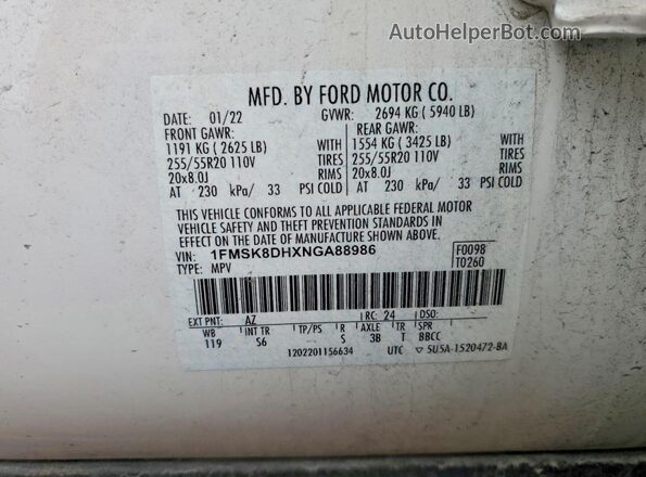 1FMSK8DHXNGA88986 2022 FORD EXPLORER Белый Вид наклейки с VIN-кодом