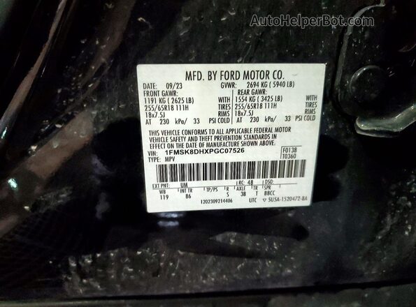 1FMSK8DHXPGC07526 2023 FORD EXPLORER Черный Вид наклейки с VIN-кодом