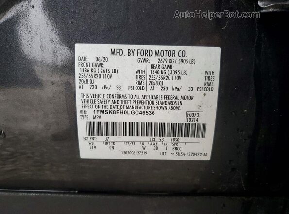 1FMSK8FH0LGC46536 2020 FORD FORD EXPLORER Серый Панорамный вид салона 360°