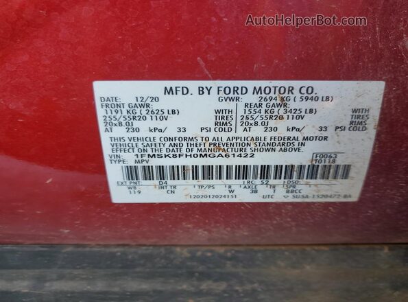 1FMSK8FH0MGA61422 2021 FORD EXPLORER Red VIN կոդի պիտակի տեսք