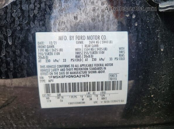 1FMSK8FH0NGA21679 2022 FORD FORD EXPLORER Черный Вид наклейки с VIN-кодом