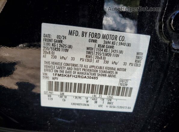 1FMSK8FH2RGA30485 2024 FORD EXPLORER Черный Вид наклейки с VIN-кодом