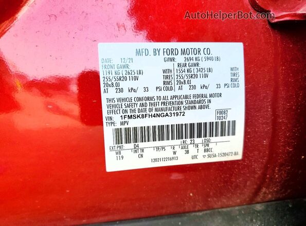 1FMSK8FH4NGA31972 2022 FORD EXPLORER Красный Вид наклейки с VIN-кодом