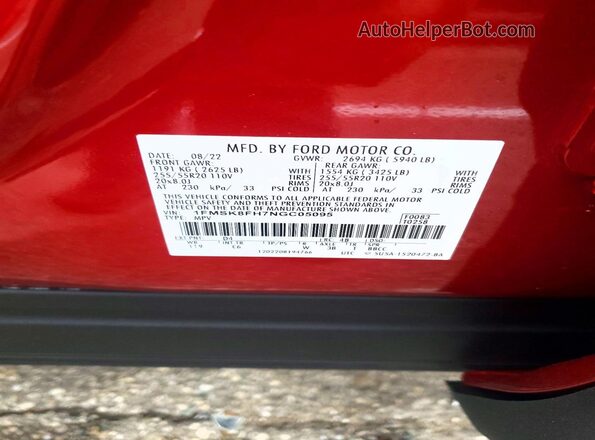 1FMSK8FH7NGC05095 2022 FORD EXPLORER Красный Вид наклейки с VIN-кодом