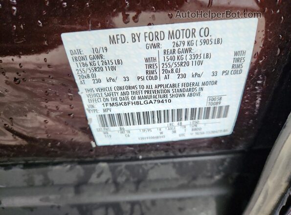 1FMSK8FH8LGA79410 2020 FORD EXPLORER Темно-бордовый Вид наклейки с VIN-кодом