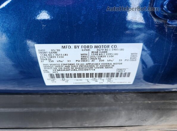 1FMSK8FH8LGC00114 2020 FORD EXPLORER Blue Widok naklejki z numerem VIN