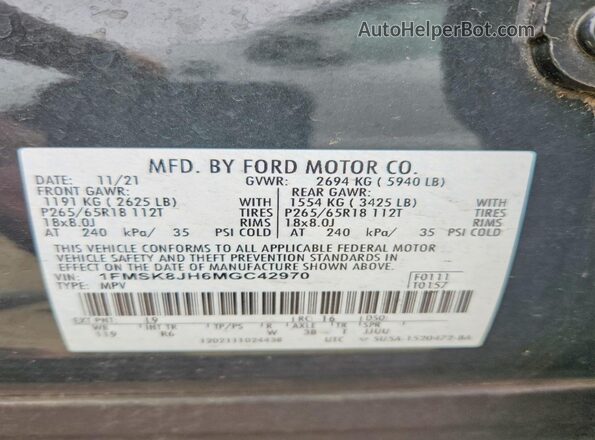 1FMSK8JH6MGC42970 2021 FORD FORD EXPLORER Зеленый Вид наклейки с VIN-кодом