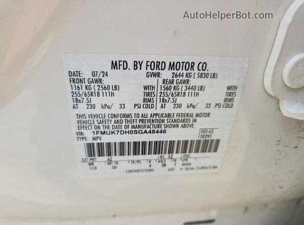 1FMUK7DH0SGA48446 2025 FORD EXPLORER Белый Панорамный вид салона 360°