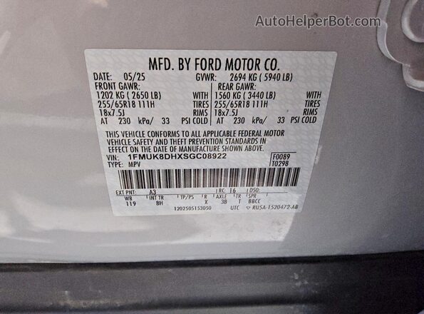 1FMUK8DHXSGC08922 2025 FORD EXPLORER Серебряный Панорамный вид салона 360°