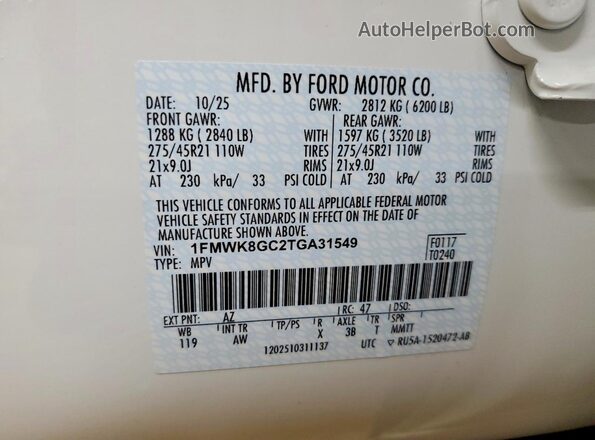 1FMWK8GC2TGA31549 2026 FORD FORD EXPLORER Белый Вид наклейки с VIN-кодом