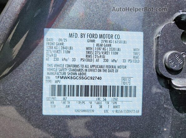 1FMWK8GC5SGC92740 2025 FORD EXPLORER Серый Вид наклейки с VIN-кодом