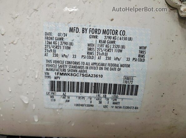 1FMWK8GC7SGA23610 2025 FORD EXPLORER Белый Вид наклейки с VIN-кодом