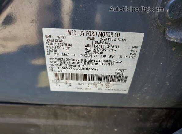 1FMWK8GC9SGC52645 2025 FORD EXPLORER Gray Vista de la etiqueta del VIN