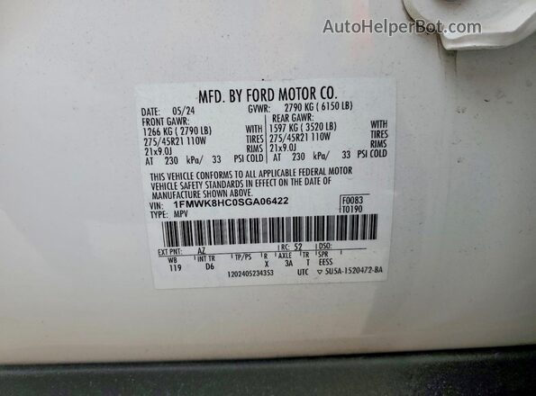 1FMWK8HC0SGA06422 2025 FORD EXPLORER White Widok wnętrza 360 stopni