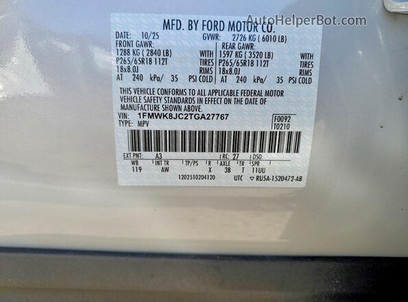 1FMWK8JC2TGA27767 2026 FORD EXPLORER Белый Вид наклейки с VIN-кодом