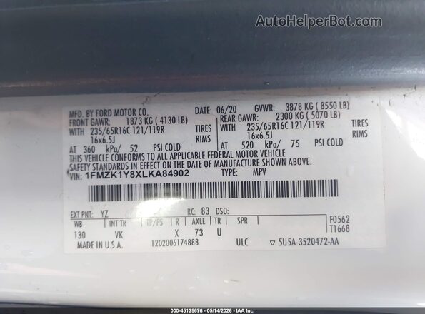 1FMZK1Y8XLKA84902 2020 FORD TRANSIT-150 PASSENGER VAN White Vista del compartimento del motor