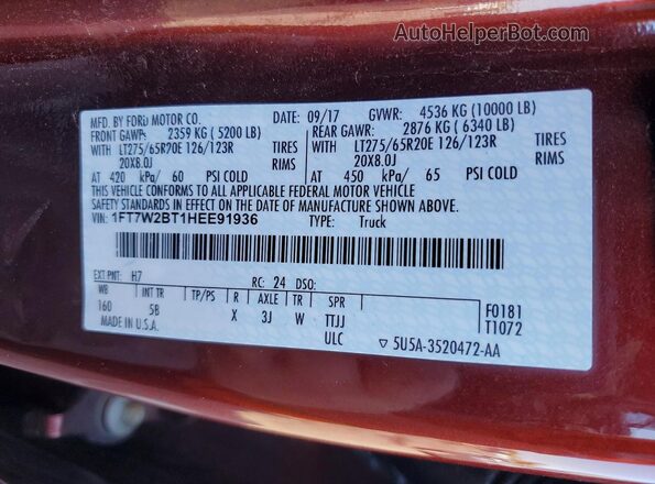 1FT7W2BT1HEE91936 2017 FORD F250 Burgundy Widok komory silnika