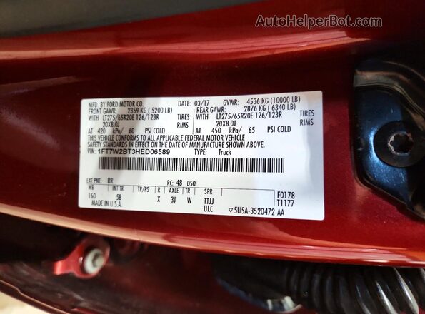 1FT7W2BT3HED06589 2017 FORD F Red Vista del compartimento del motor