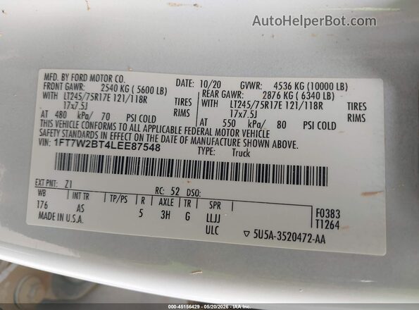 1FT7W2BT4LEE87548 2020 FORD F-250 White Widok komory silnika
