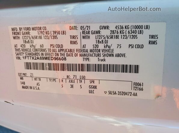1FT7X2A69MED96608 2021 FORD F250 White ძრავის განყოფილების ხედი