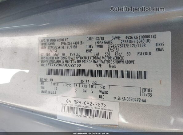 1FT7X2B67JEC22160 2018 FORD F-250 Silver Widok komory silnika