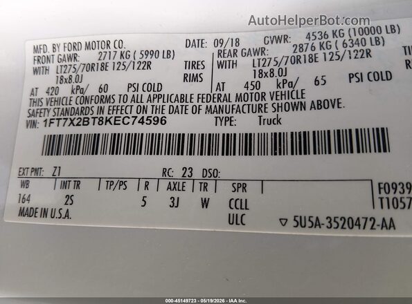 1FT7X2BT8KEC74596 2019 FORD F-250 White Vista del compartimento del motor