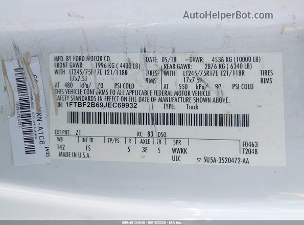 1FTBF2B69JEC69932 2018 FORD F-250 Белый Вид подкапотного пространства