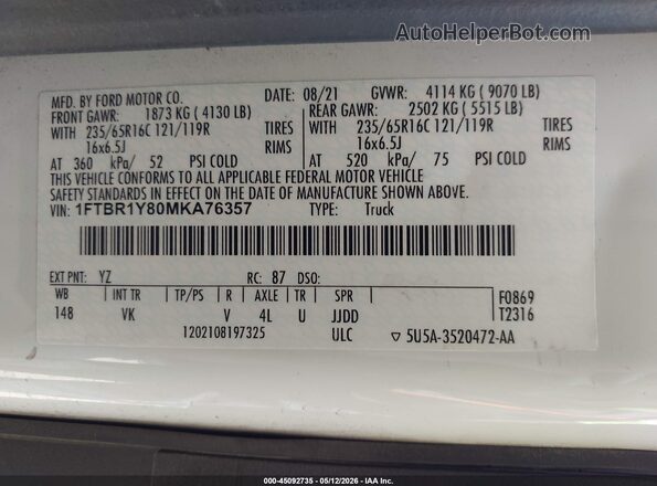 1FTBR1Y80MKA76357 2021 FORD TRANSIT-250 Белый Вид подкапотного пространства