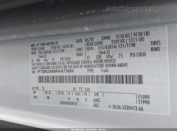 1FTBR2X86RKA73686 2024 FORD TRANSIT-250 White Vista del compartimento del motor