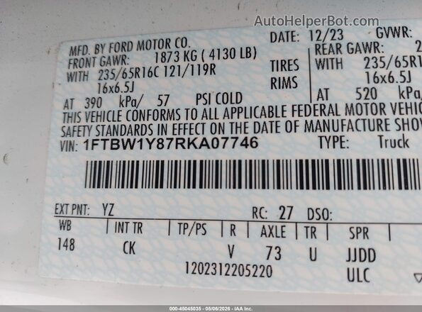 1FTBW1Y87RKA07746 2024 FORD TRANSIT-350 Белый Вид подкапотного пространства