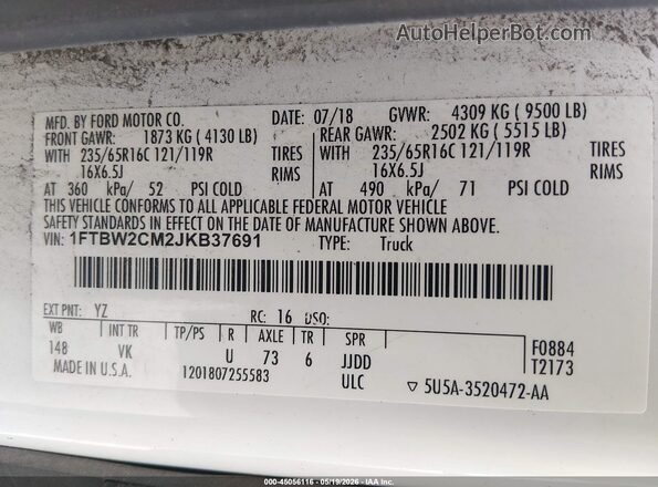 1FTBW2CM2JKB37691 2018 FORD TRANSIT-350 White Widok komory silnika