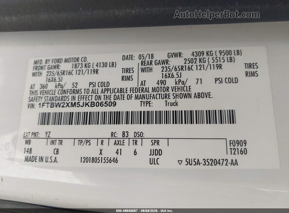 1FTBW2XM5JKB06509 2018 FORD TRANSIT-350 White ძრავის განყოფილების ხედი