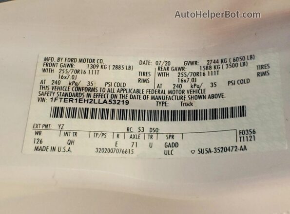 1FTER1EH2LLA53219 2020 FORD RANG White Engine compartment view