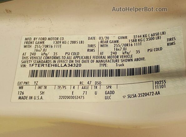 1FTER1EH6LLA34320 2020 FORD RANGER White Widok komory silnika