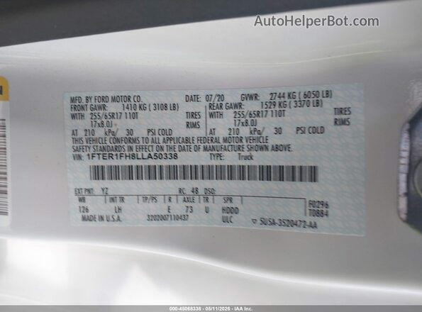 1FTER1FH8LLA50338 2020 FORD RANG Белый Вид подкапотного пространства