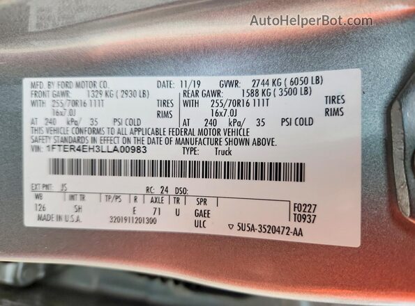 1FTER4EH3LLA00983 2020 FORD RANGER Gray Вид підкапотного простору