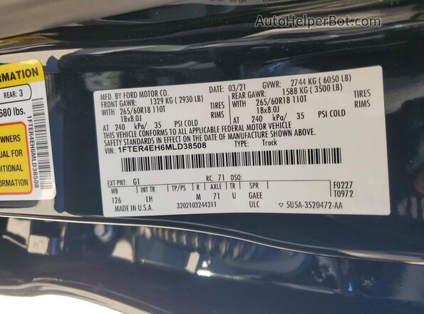 1FTER4EH6MLD38508 2021 FORD RANGER Черный Вид наклейки с VIN-кодом