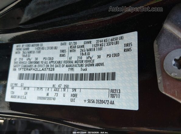 1FTER4FH2LLA57528 2020 FORD RANGER Черный Вид подкапотного пространства