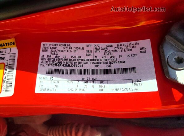 1FTER4FH2MLD56048 2021 FORD RANGER Red Vista del compartimento del motor