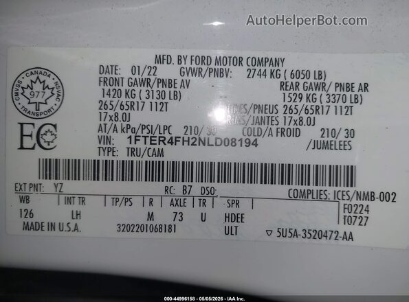 1FTER4FH2NLD08194 2022 FORD RANG White ძრავის განყოფილების ხედი