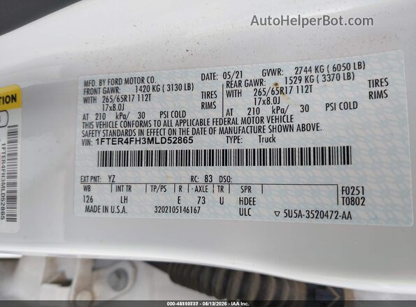 1FTER4FH3MLD52865 2021 FORD RANGER Белый Вид подкапотного пространства