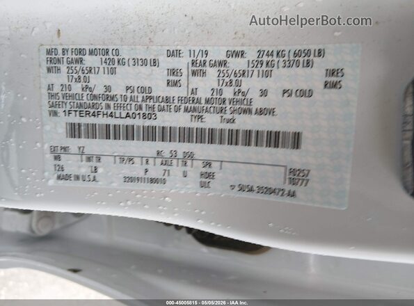1FTER4FH4LLA01803 2020 FORD RANG Белый Вид подкапотного пространства