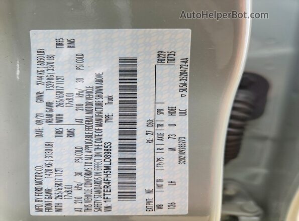 1FTER4FH5MLD89853 2021 FORD RANGER Gray Vista de la etiqueta del VIN